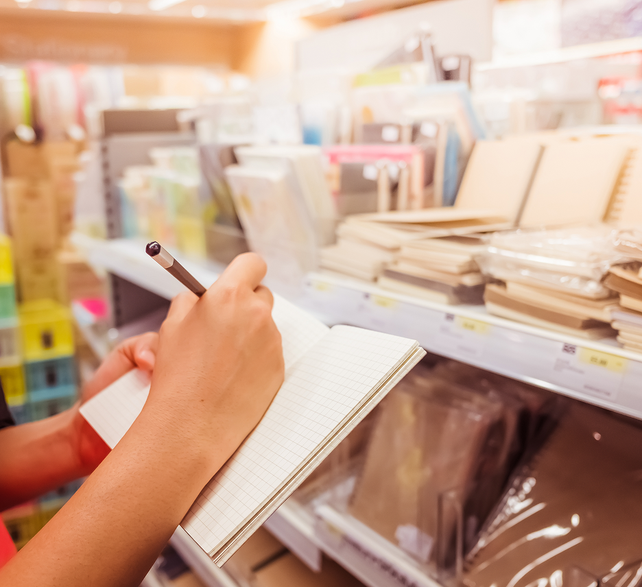 seccion media de una mujer escribiendo en un libro mientras esta de pie en una tienda 1